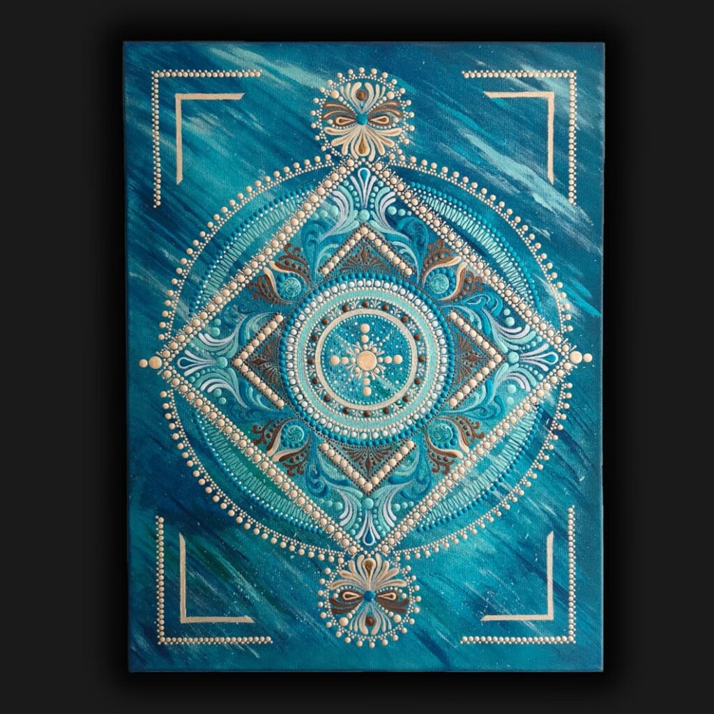 Turkusowa mandala geometryczna Światło Zorzy - prostokątny obraz ze złotym wzorem dot painting