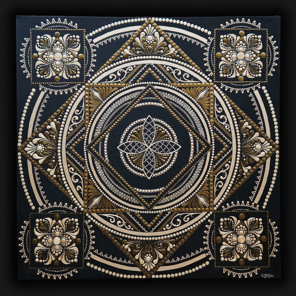 Czarno-złota mandala geometryczna Złota Precyzja - kwadratowy obraz dot painting
