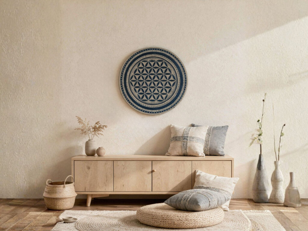 Granatowa mandala harmonii w aranżacji jasnego salonu w stylu boho