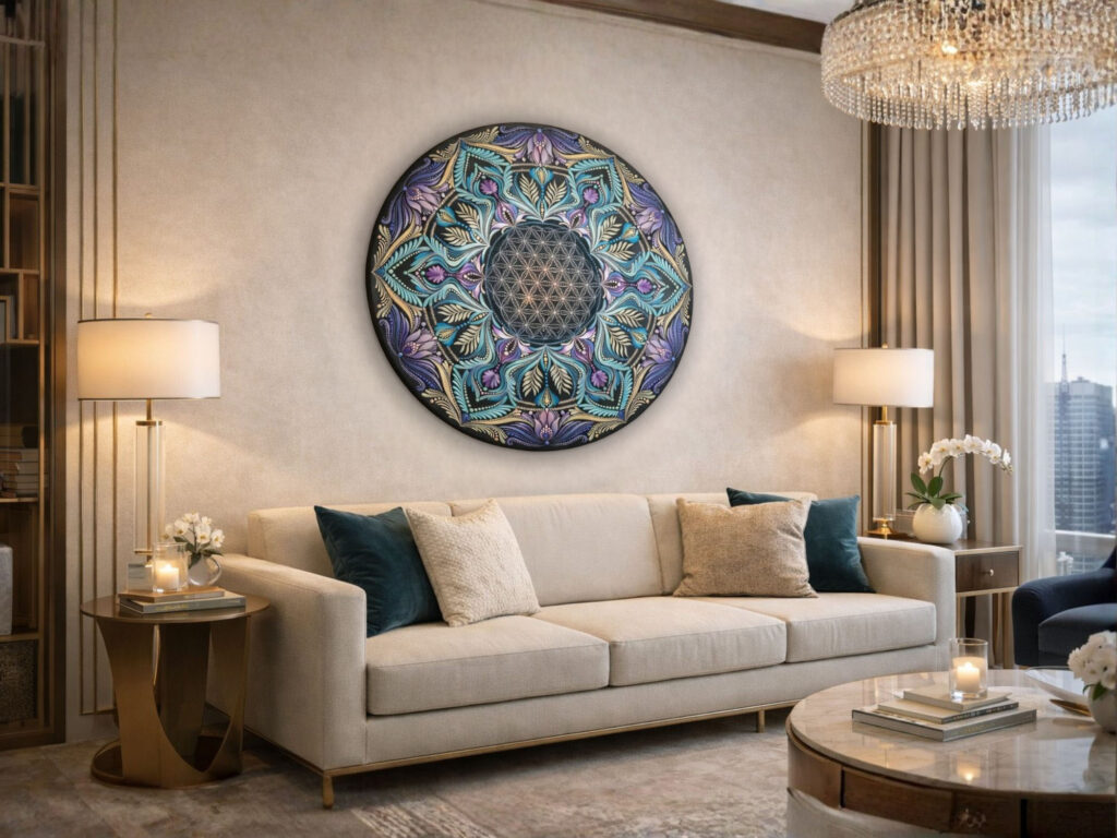 Luksusowa mandala kwiat życia zawieszona w eleganckim, jasnym salonie
