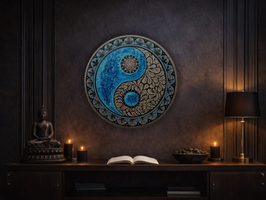 Niebieska mandala yin yang zawieszona na ciemnej ścianie w eleganckim salonie