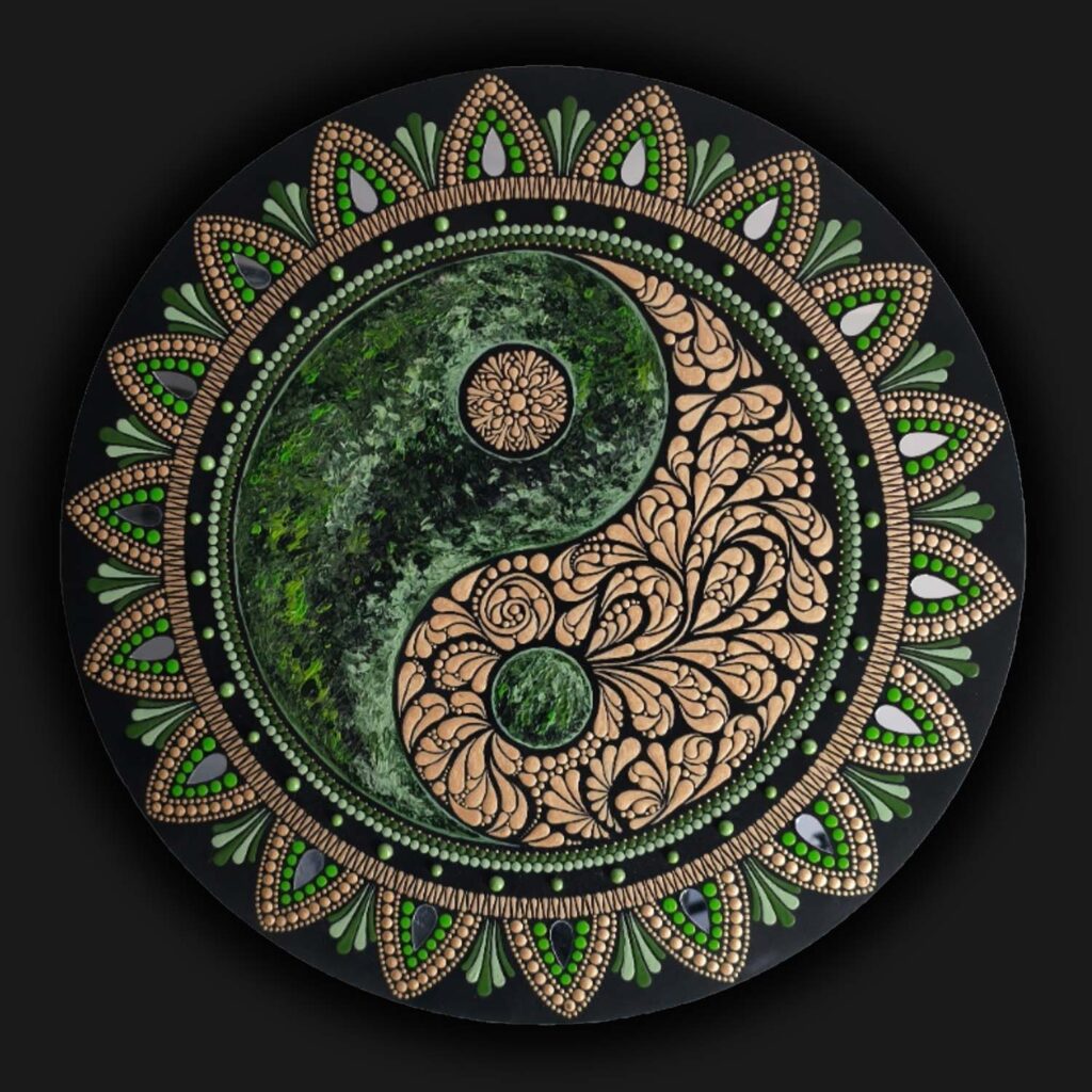 Zielona mandala yin yang Równowaga Ziemi - obraz dot painting w barwach natury