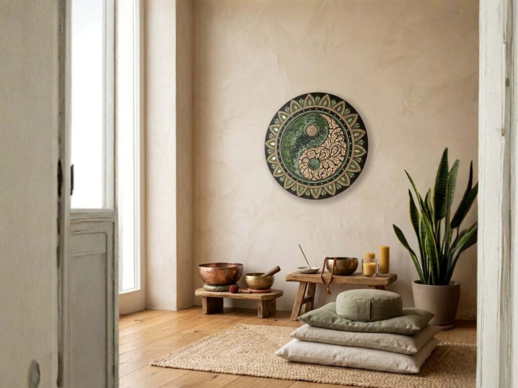 Ręcznie malowana zielona mandala Yin Yang wykonana techniką dot paintingu przez Ilonę Gałysę w jasnym pokoju do medytacji.
