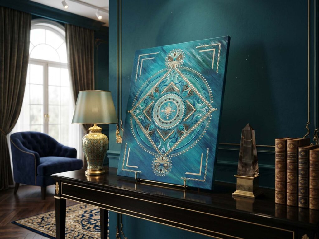 Elegancka wizualizacja gabinetu z turkusową geometryczną mandalą Światło Zorzy na podobraziu, wykonaną ręcznie przez Ilonę Gałysę techniką dot paintingu.